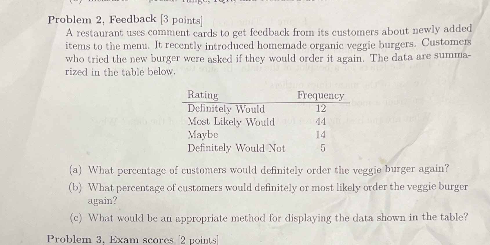  Problem 2, Feedback [3 points] A restaurant uses comment cards to
