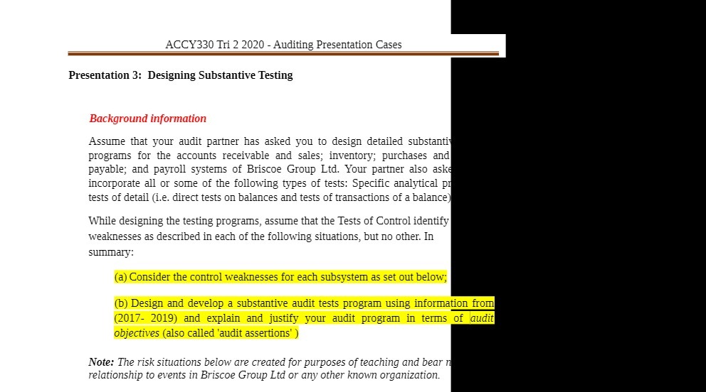 ACCY330 Tri 2 2020 - Auditing Presentation Cases Presentation 3: Designing
