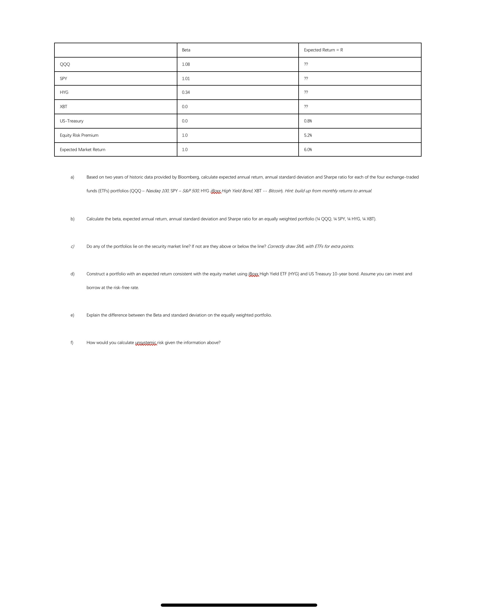 there are two pictures include questions and data Beta Expected Return =