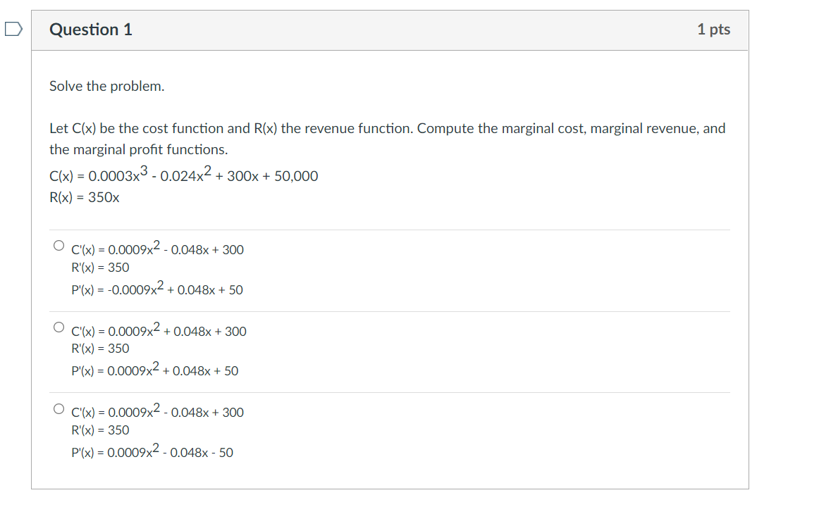  D Question 1 1 pts Solve the problem. Let C(x) be