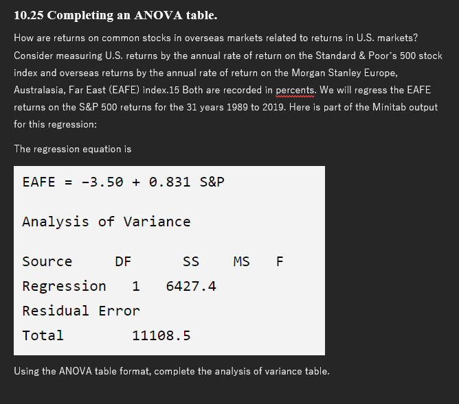  10.25 Completing an ANOVA table. How are returns on common stocks