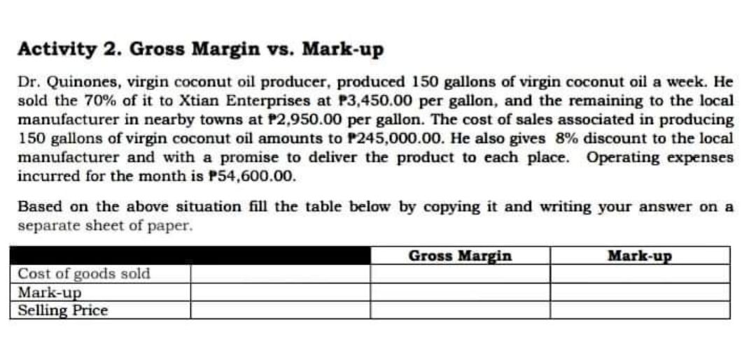 Answer with solution Activity 2. Gross Margin vs. Mark-up Dr. Quinones, virgin