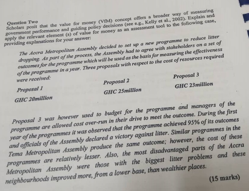 Question Two Scholars posit that the value for money (VIM) concept