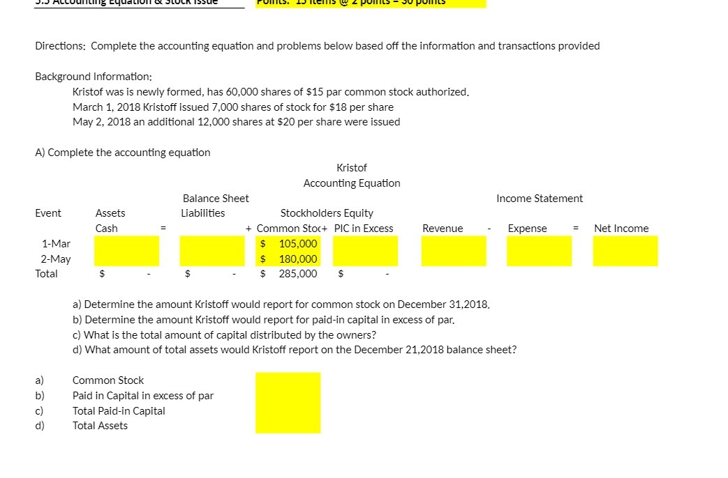  Directions: Complete the accounting equation and problems below based off the
