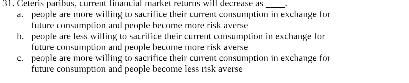 31. Ceteris paribus, current financial market returns will decrease as a.