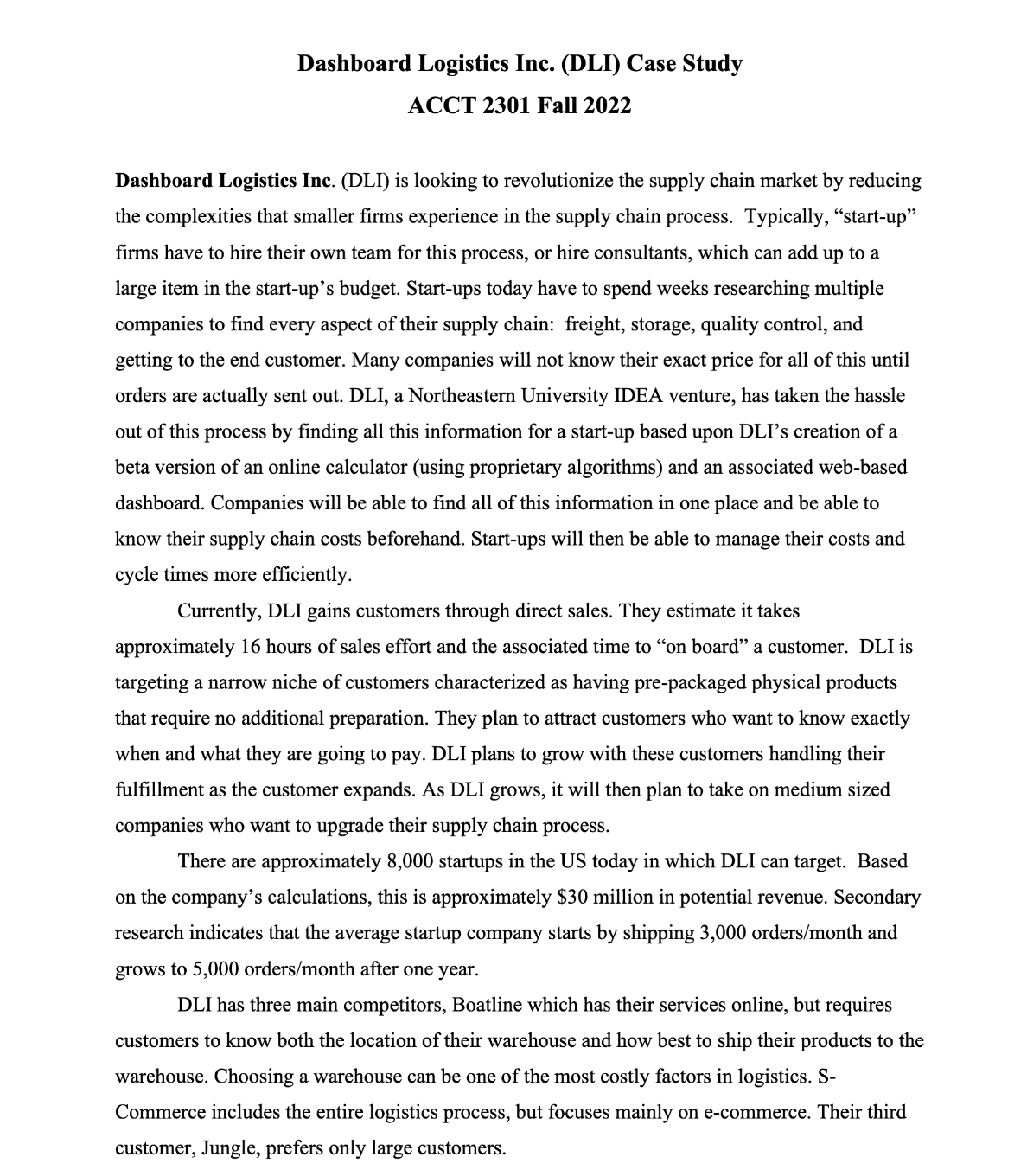 Dashboard Logistics Inc. (DLI) Case Study ACCT 2301 Fall 2022 Dashboard
