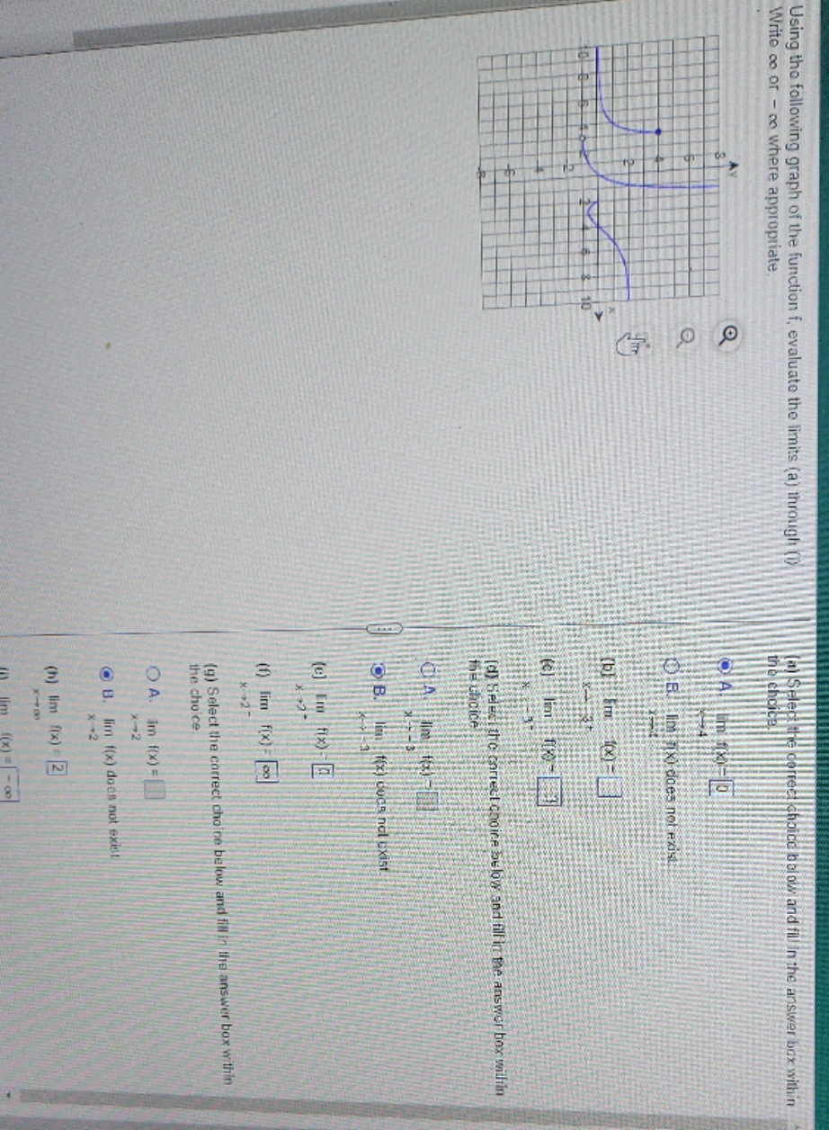 helppppppppp Using the following graph of the function f, evaluate the limits