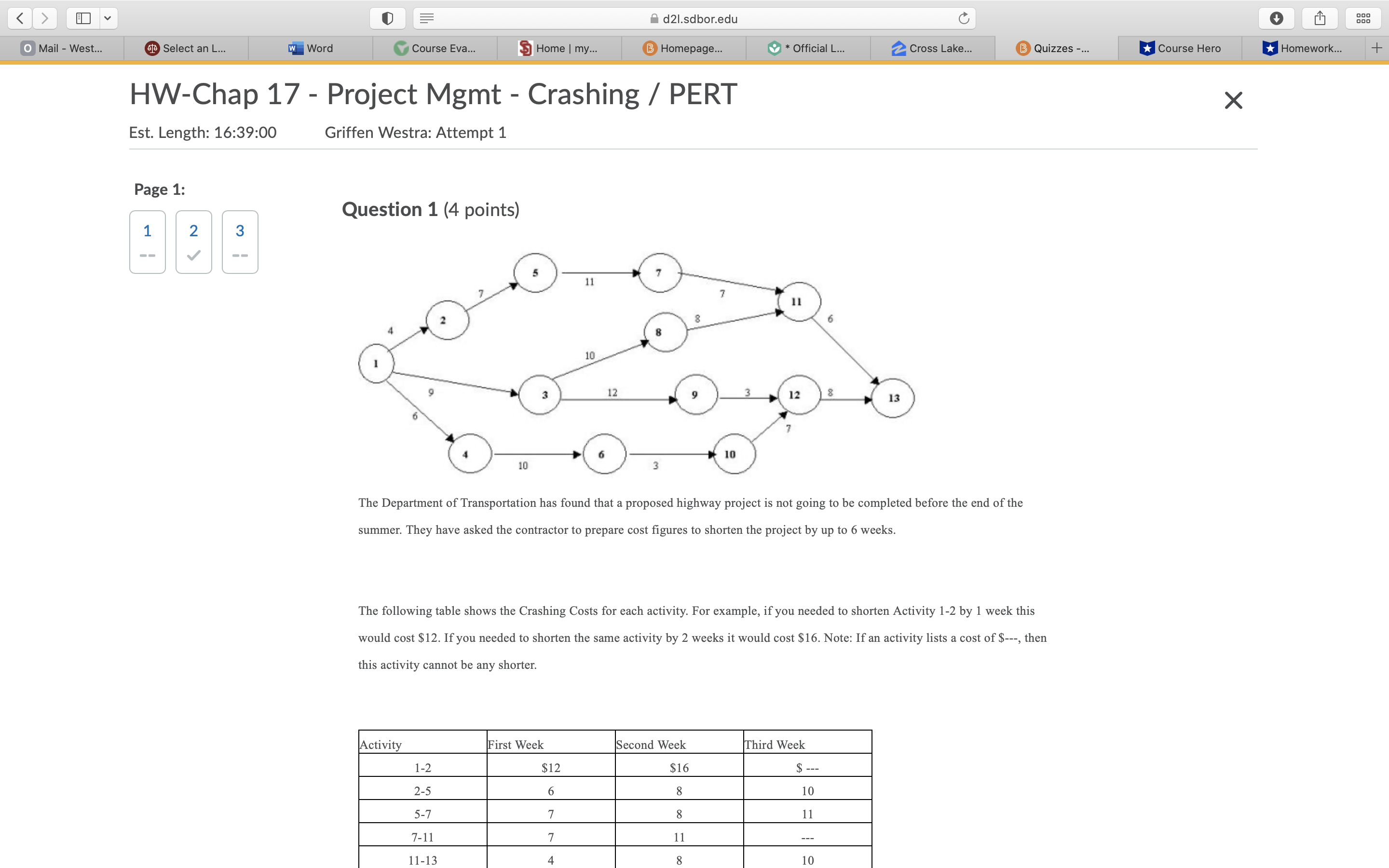 d2|.sdbor.edu HW-Chap 17 - Project Mgmt - Crashing / PERT x