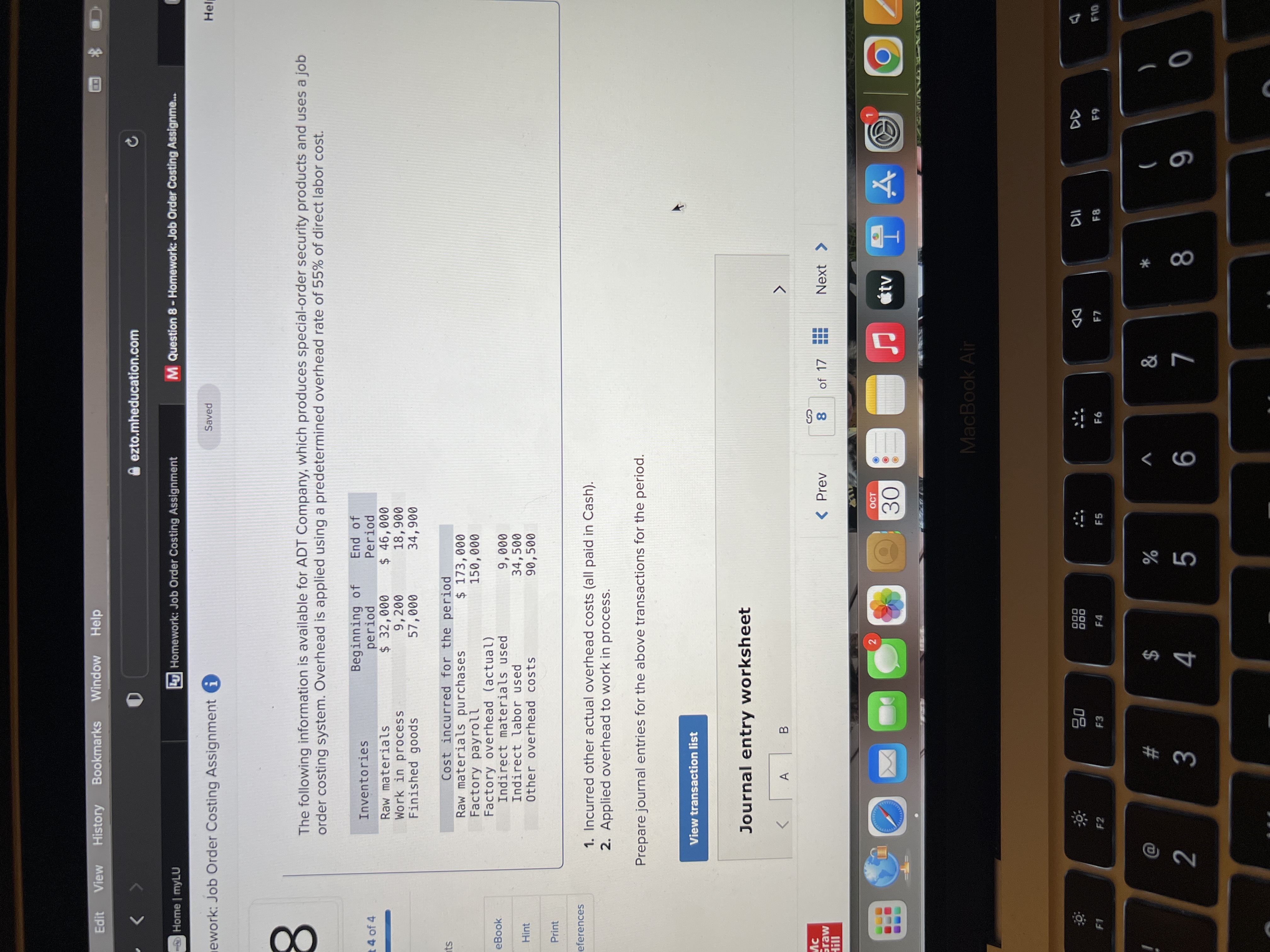produces special-order security products and uses a job order costing system. Overhead