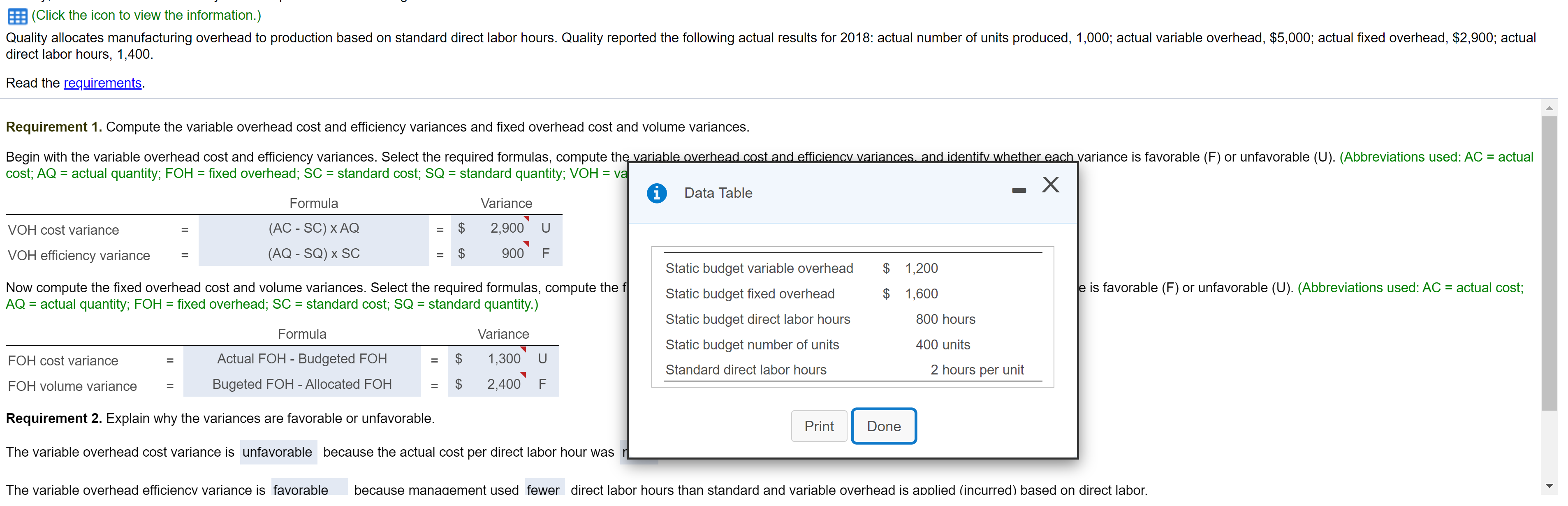 (Click the icon to view the information.) Quality allocates manufacturing overhead