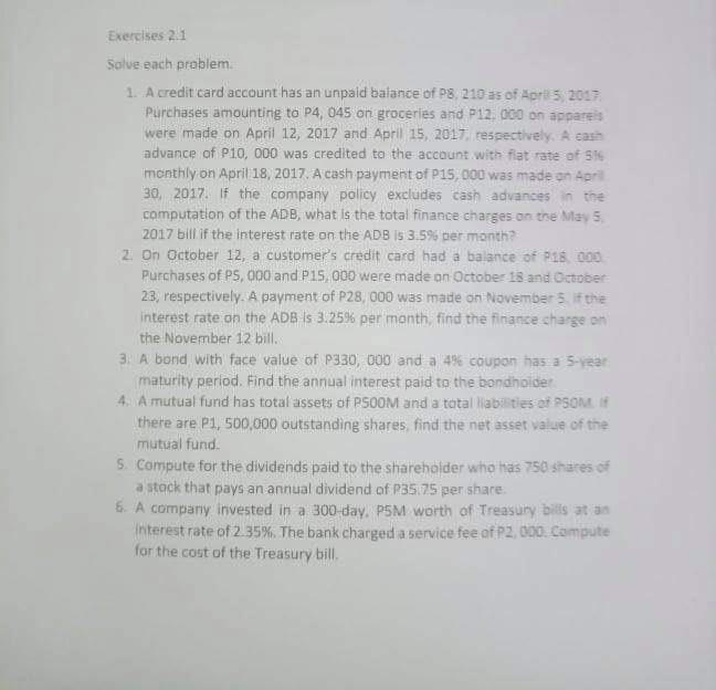 Exercises 2.1 Solve each problem. 1. A credit card account has