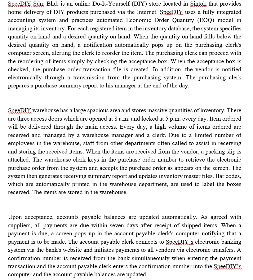 of SpeeDIY Son. Bhd. (b) Indicate ONE (1) possible risk exposures for