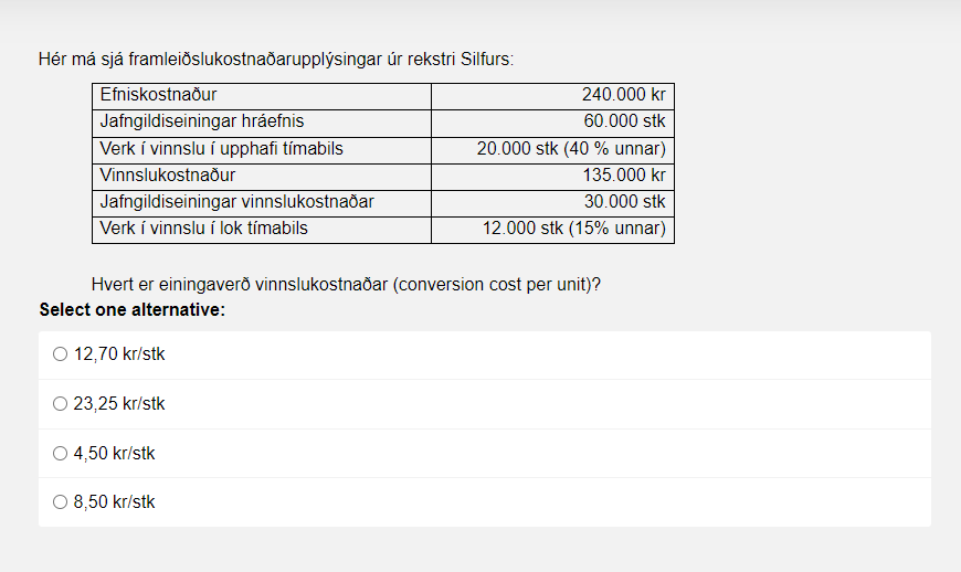 Hr m sj framleidslukostnadarupplsingar r rekstri Silfurs: Efniskostnadur dafngildiseiningar hrefnis Verk i