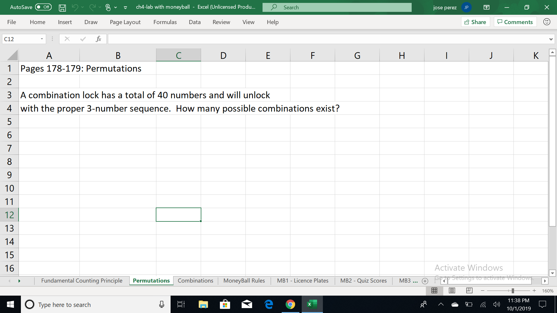 ( Off ) ch4-lab with moneyball - Excel (Unlicensed Produ.. Search jose