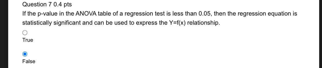 Question 7 0.4 pts If the p-value in the ANOVA table