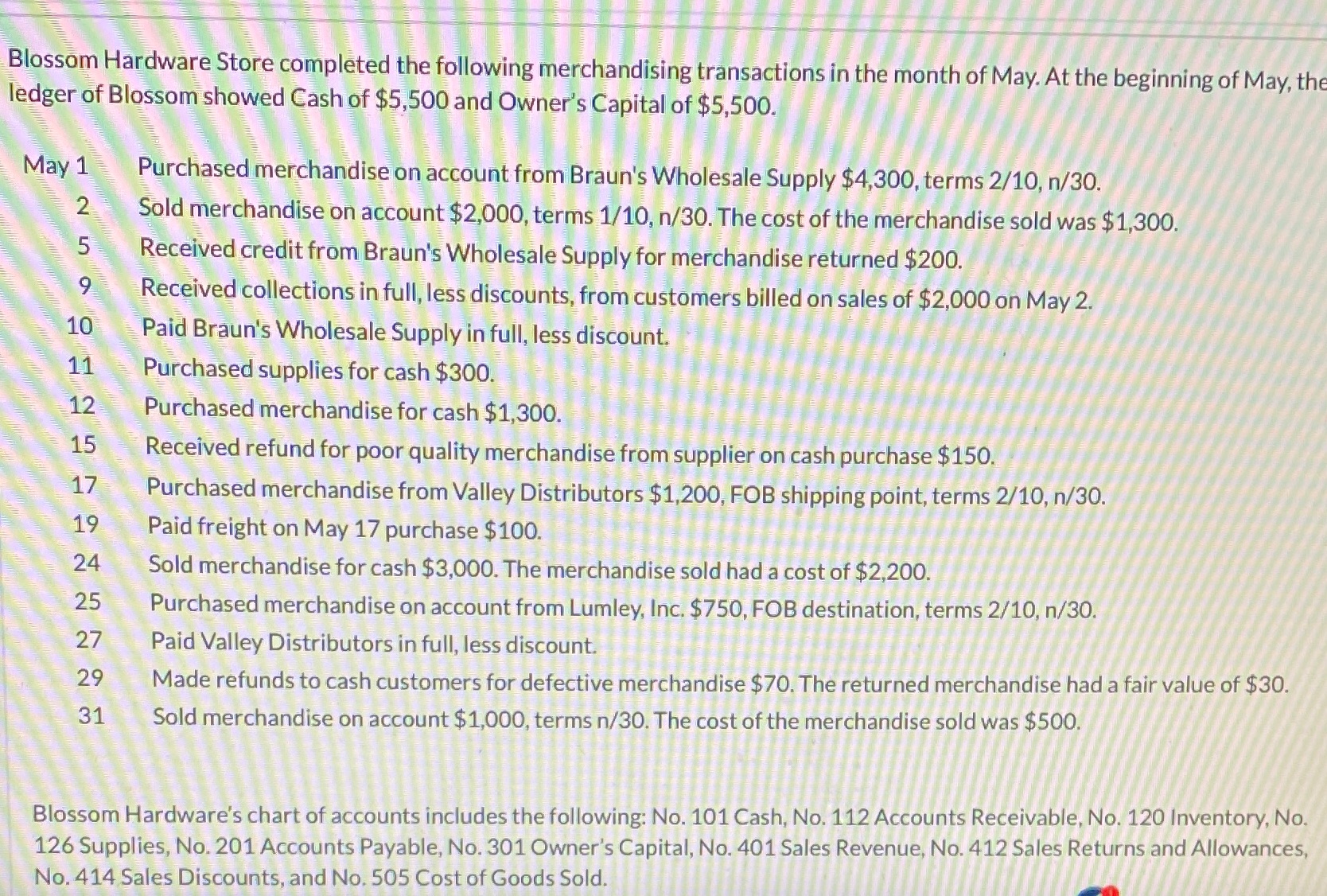 I need help journalizing the transactions using a perpetual inventory system Blossom