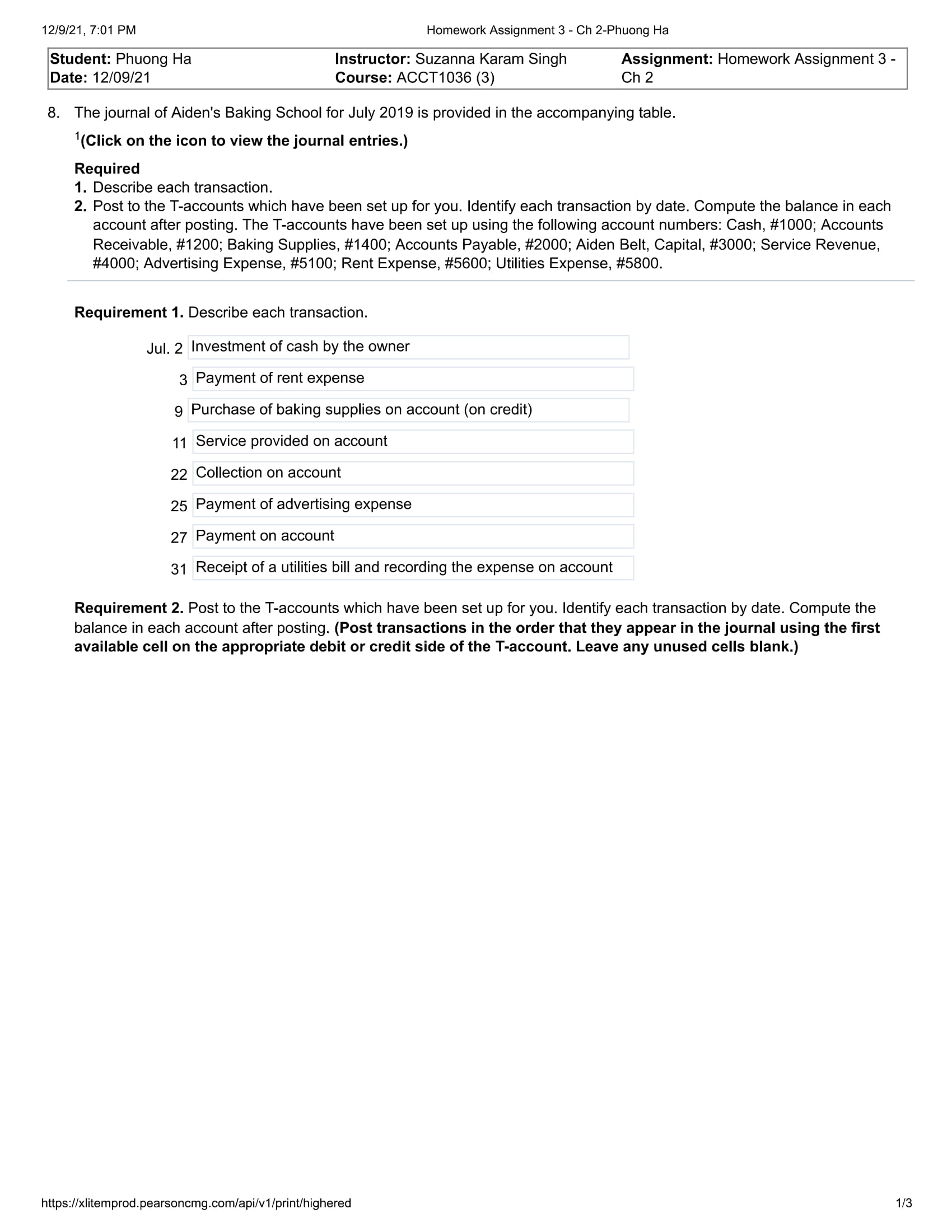 129121, 7:01 PM Homework Assignment 3 - Ch 2-Phuong Ha Student: