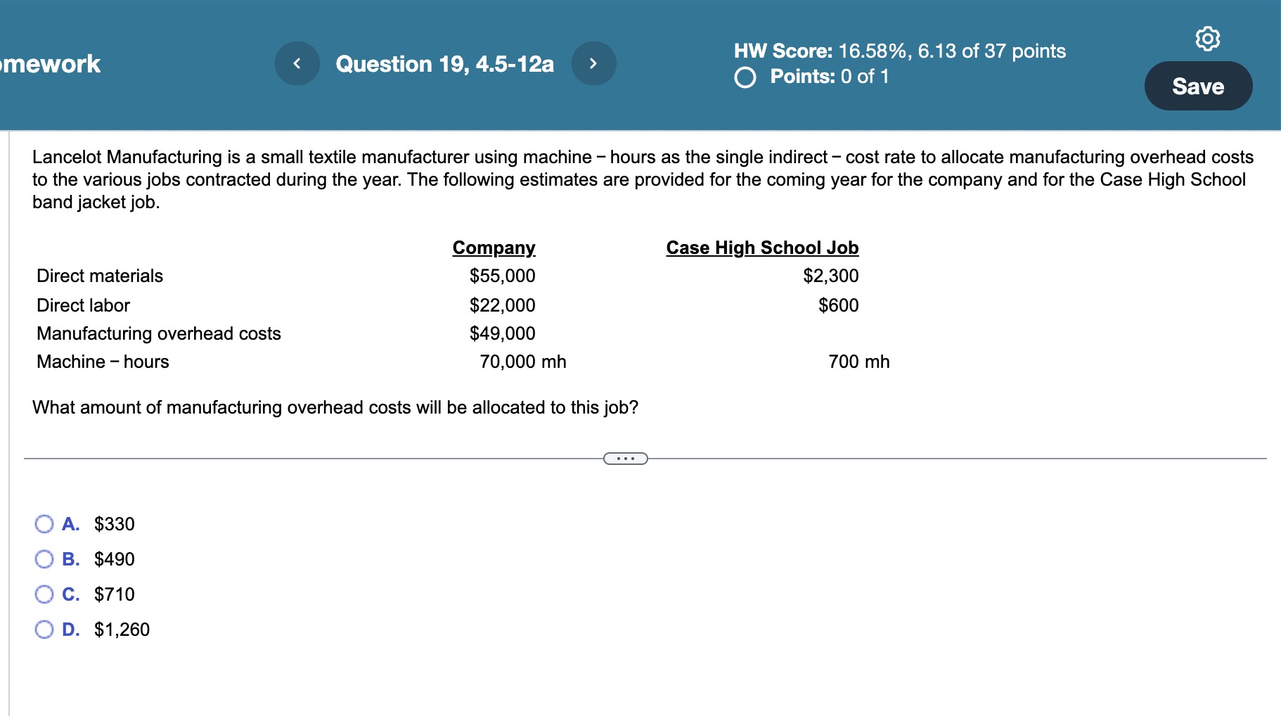 mework Question 19, 4.5-12a HW Score. 16.58%, 6.13 of 37 points O