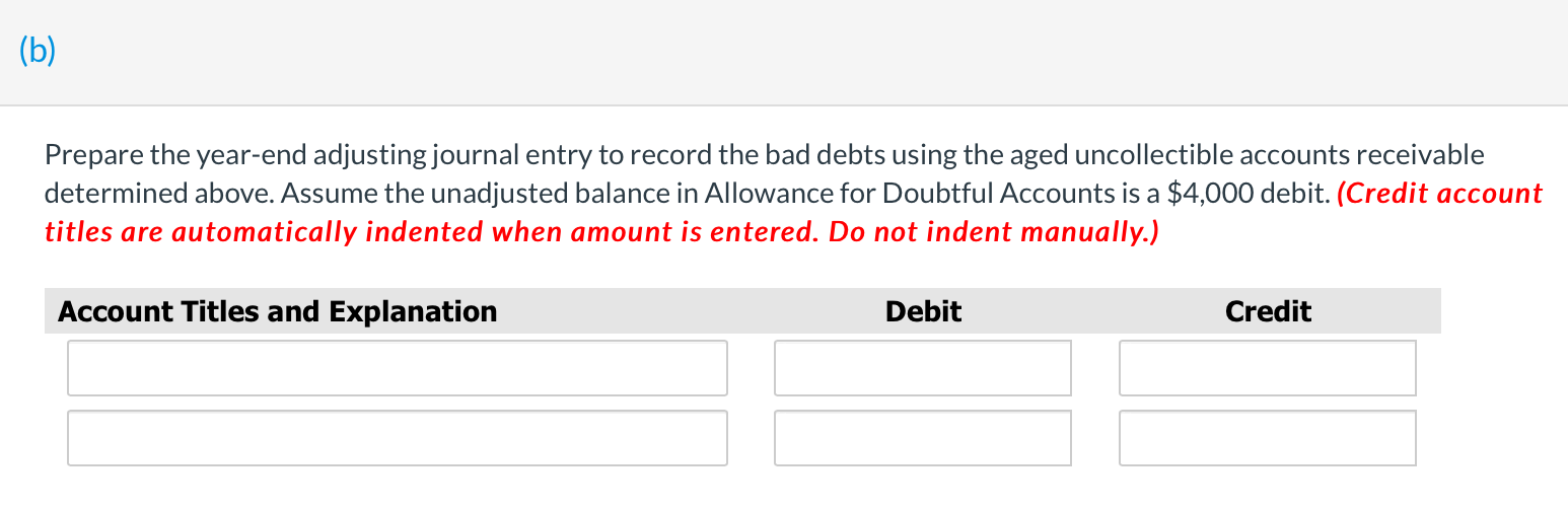 uncollectible accounts receivable determined above. Assume the unadjusted balance in Allowance for
