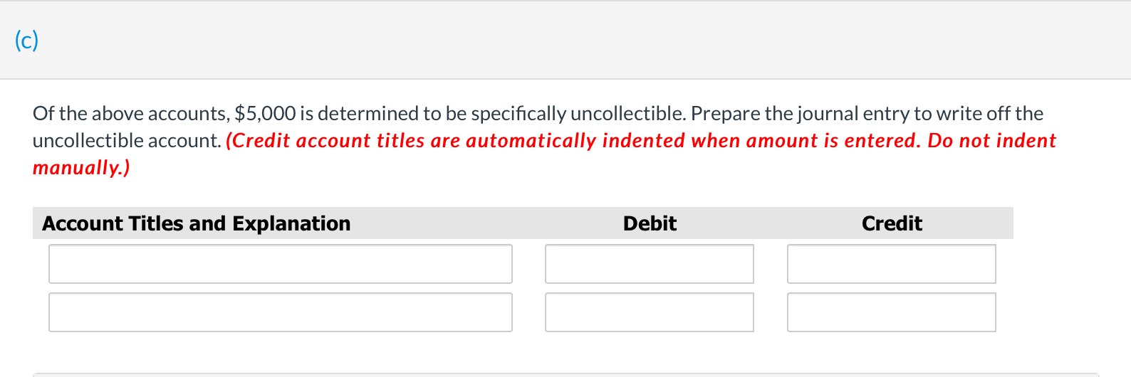 Doubtful Accounts is a $4,000debit.(Credit account titles are automatically indented when amount