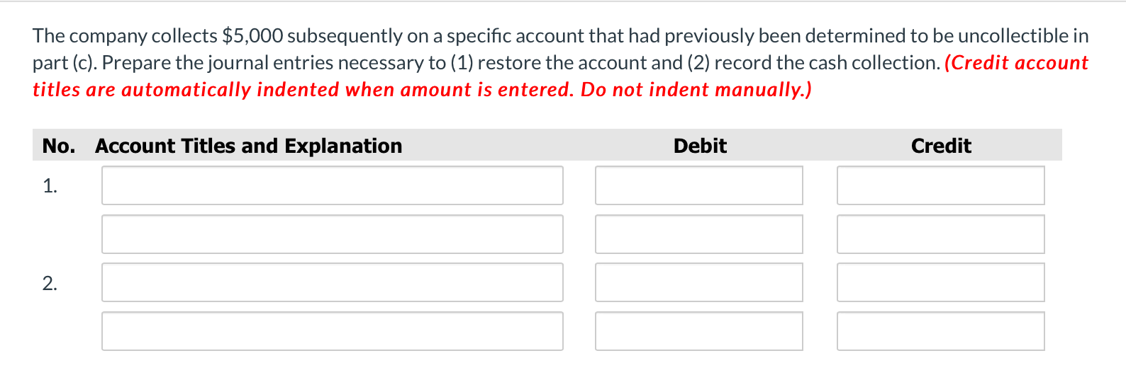 is entered. Do not indent manually.)Of the above accounts, $5,000is determined to