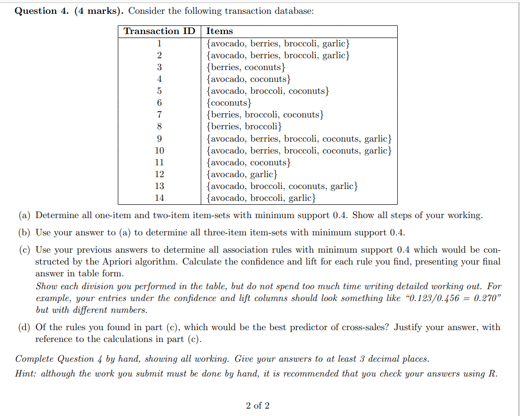Question 4. (4 marks). Consider the following transaction database: Transaction ID