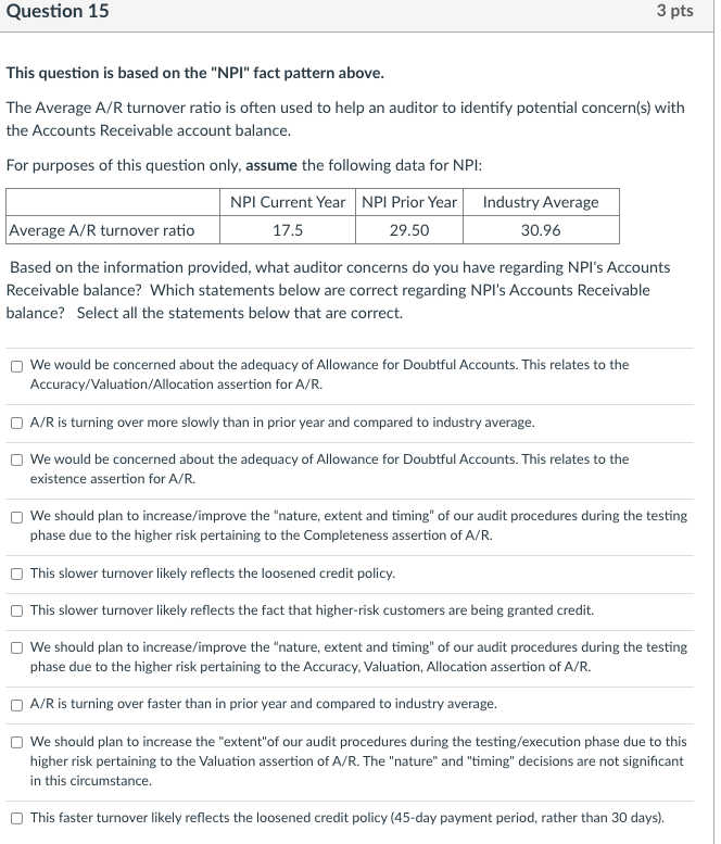 Question 15 3 pts This question is based on the "NPI"