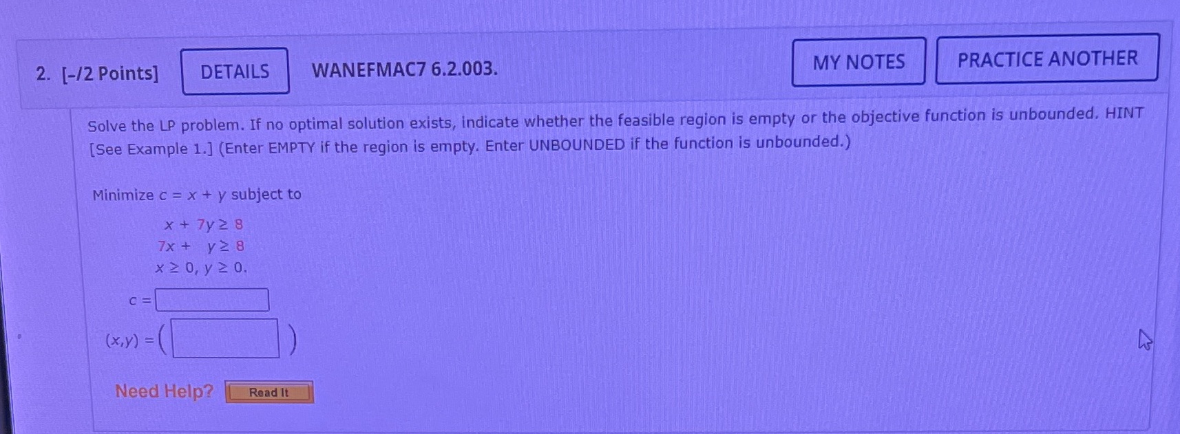  2. [-/2 Points] DETAILS WANEFMAC7 6.2.003. MY NOTES PRACTICE ANOTHER Solve