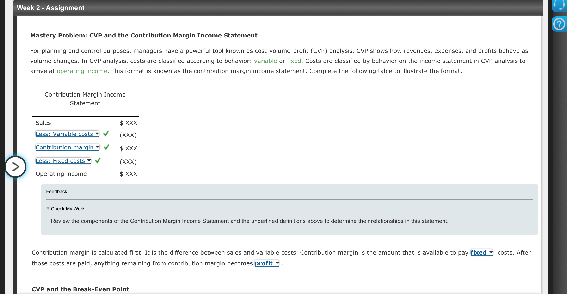  Week 2 - Assignment Mastery Problem: CVP and the Contribution Margin