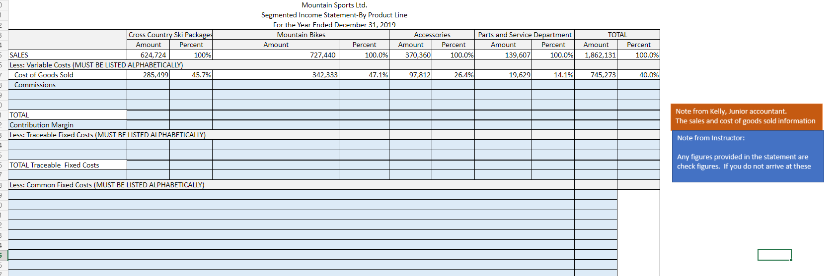 and poles), 2. Mountain bikes 3. Accessories 4. Parts and service" The