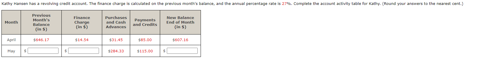 Kathy Hansen has a revolving credit account. The finance charge is calculated