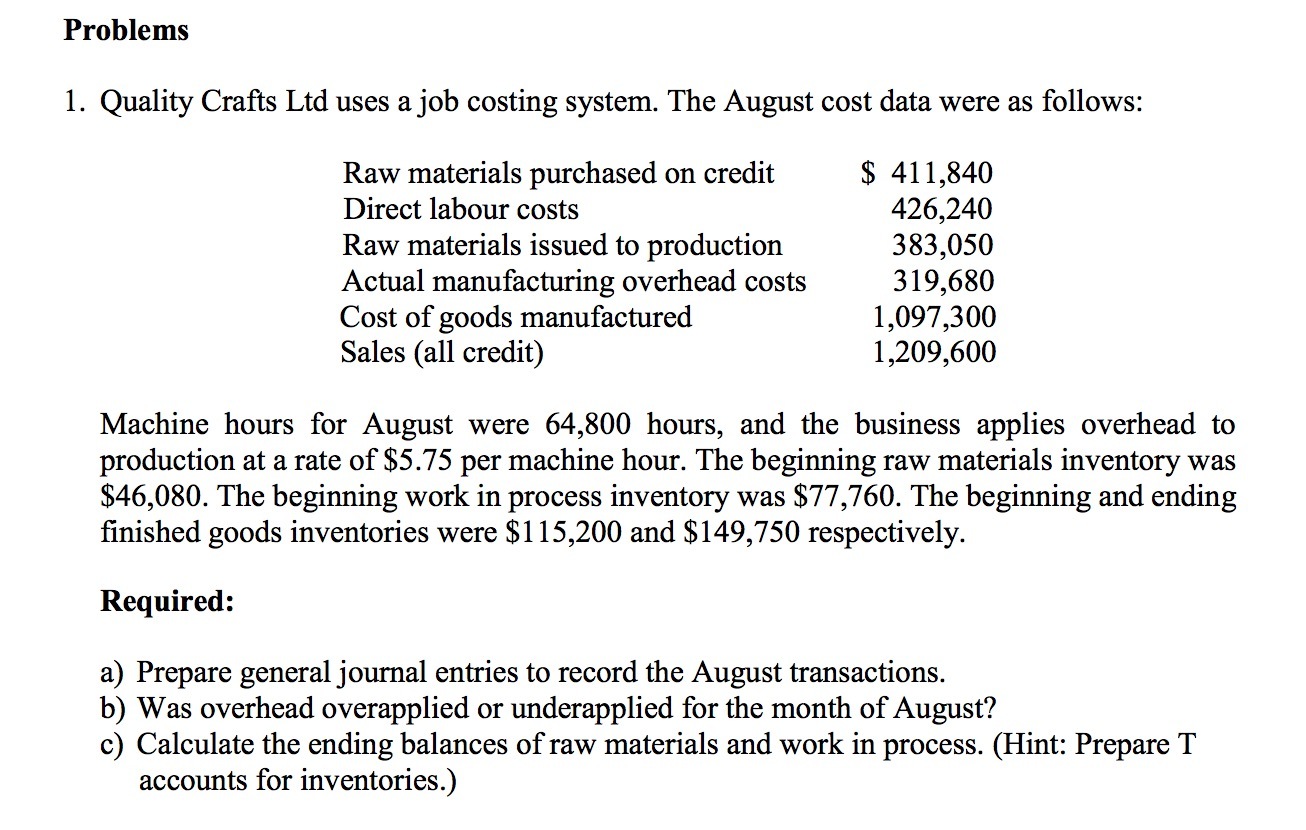 Problems 1. Quality Crafts Ltd uses a job costing system. The
