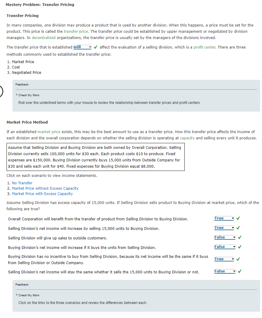 Mastery Problem: Transfer Pricing Transfer Pricing In many companies, one division