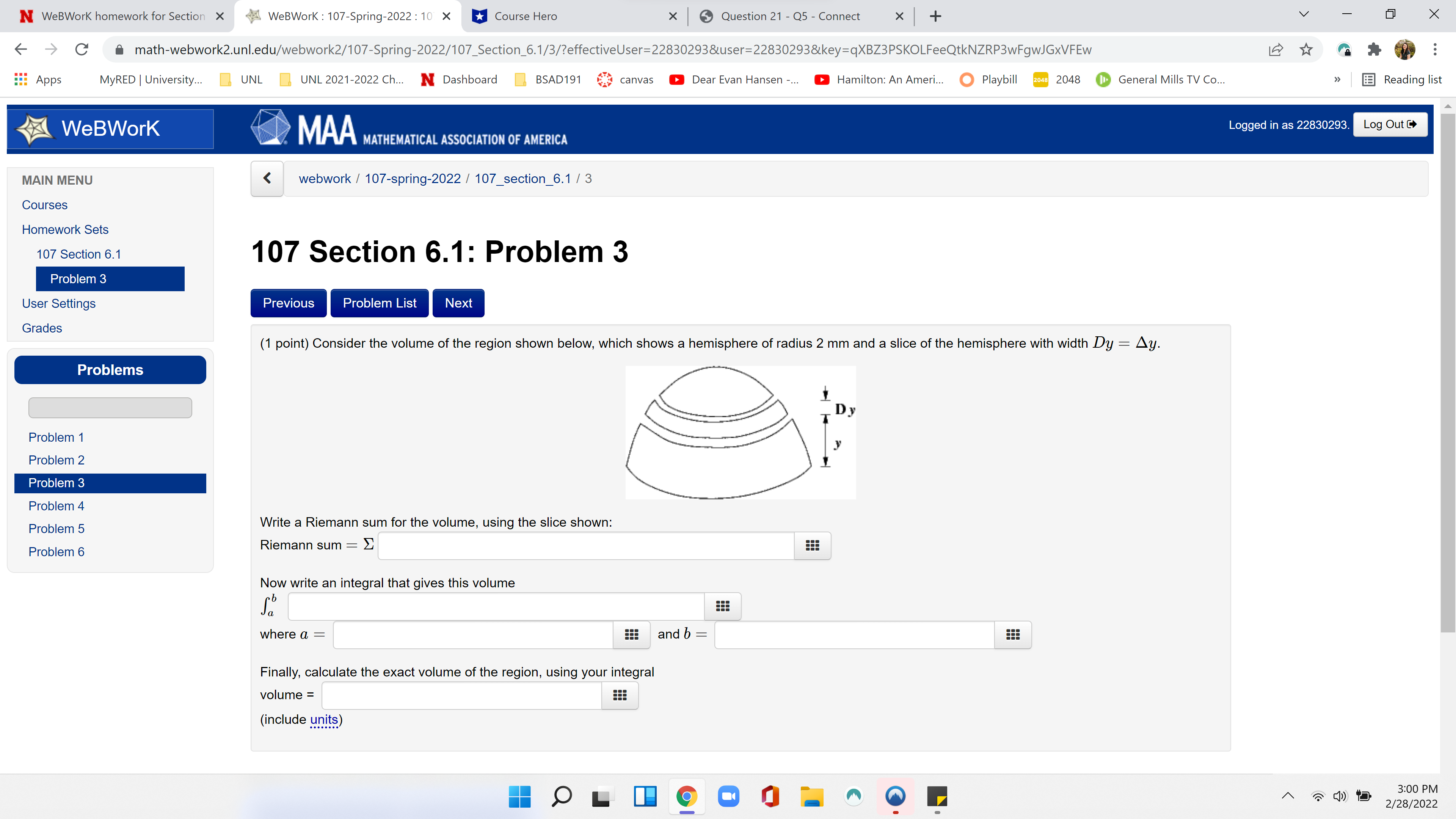  N WeBWork homework for Section X WeBWork : 107-Spring-2022 : 10