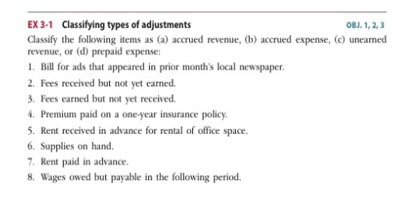  EX 3-1 Classifying types of adjustments OBJ. 1, 2, 3 Classify