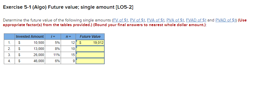 Exercise 5-1 (Algo) Future value; single amount [LO5-2]Determine the future value of
