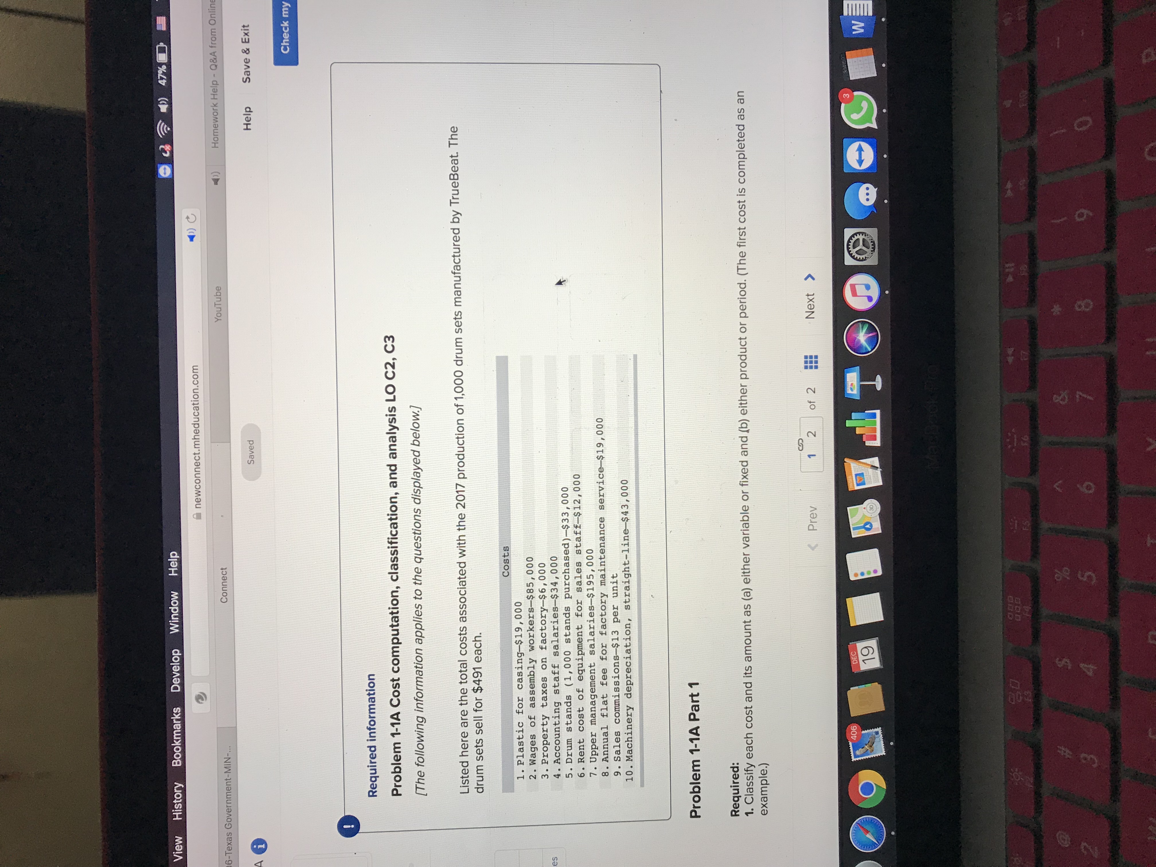 Problem 1-1A Cost computation, classification, and analysis LO C2, C3[The following information
