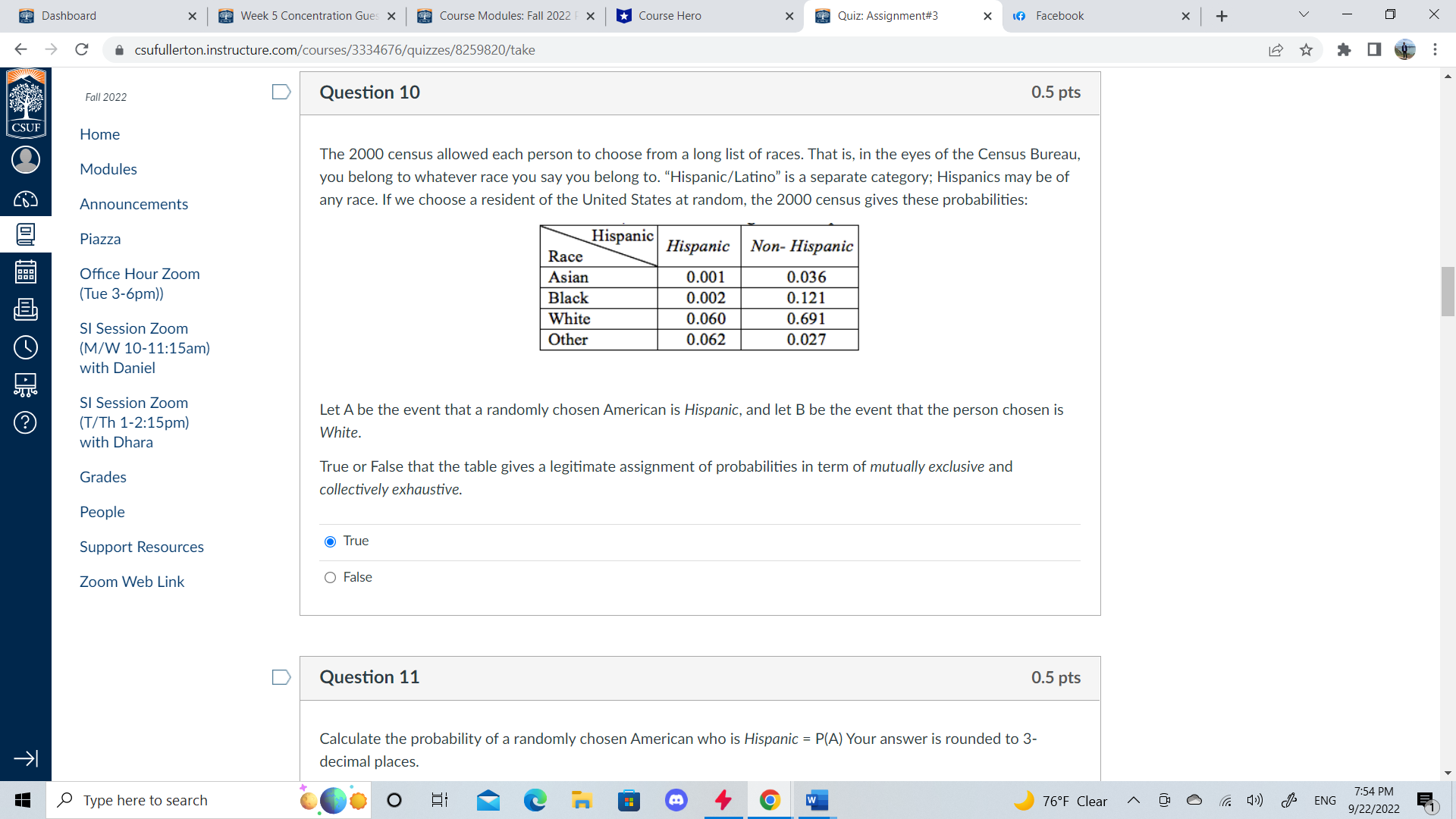  Dashboard X Week 5 Concentration Gues X Course Modules: Fall 2022