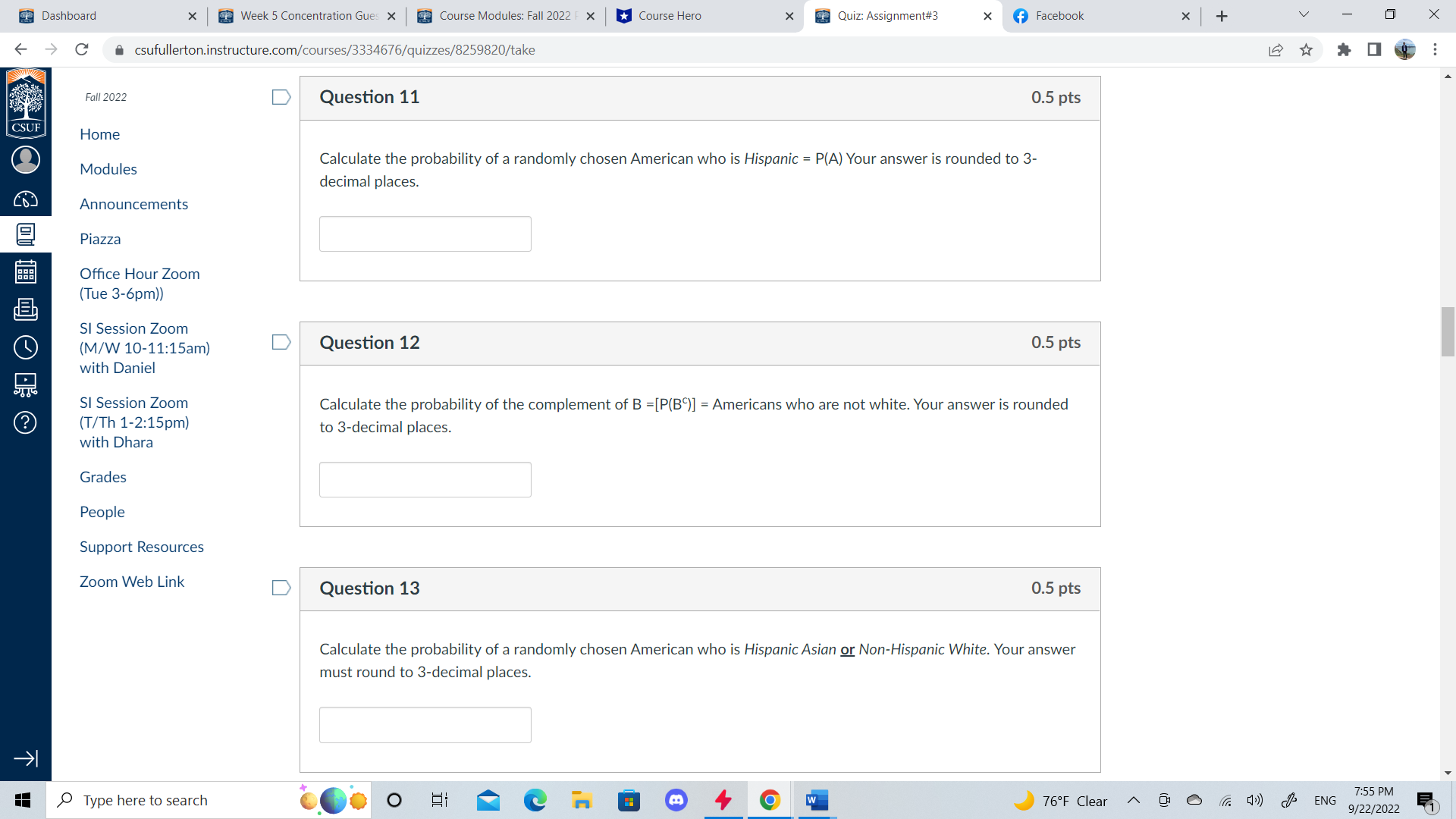 F X Course Hero X Quiz: Assignment#3 X Facebook X + V