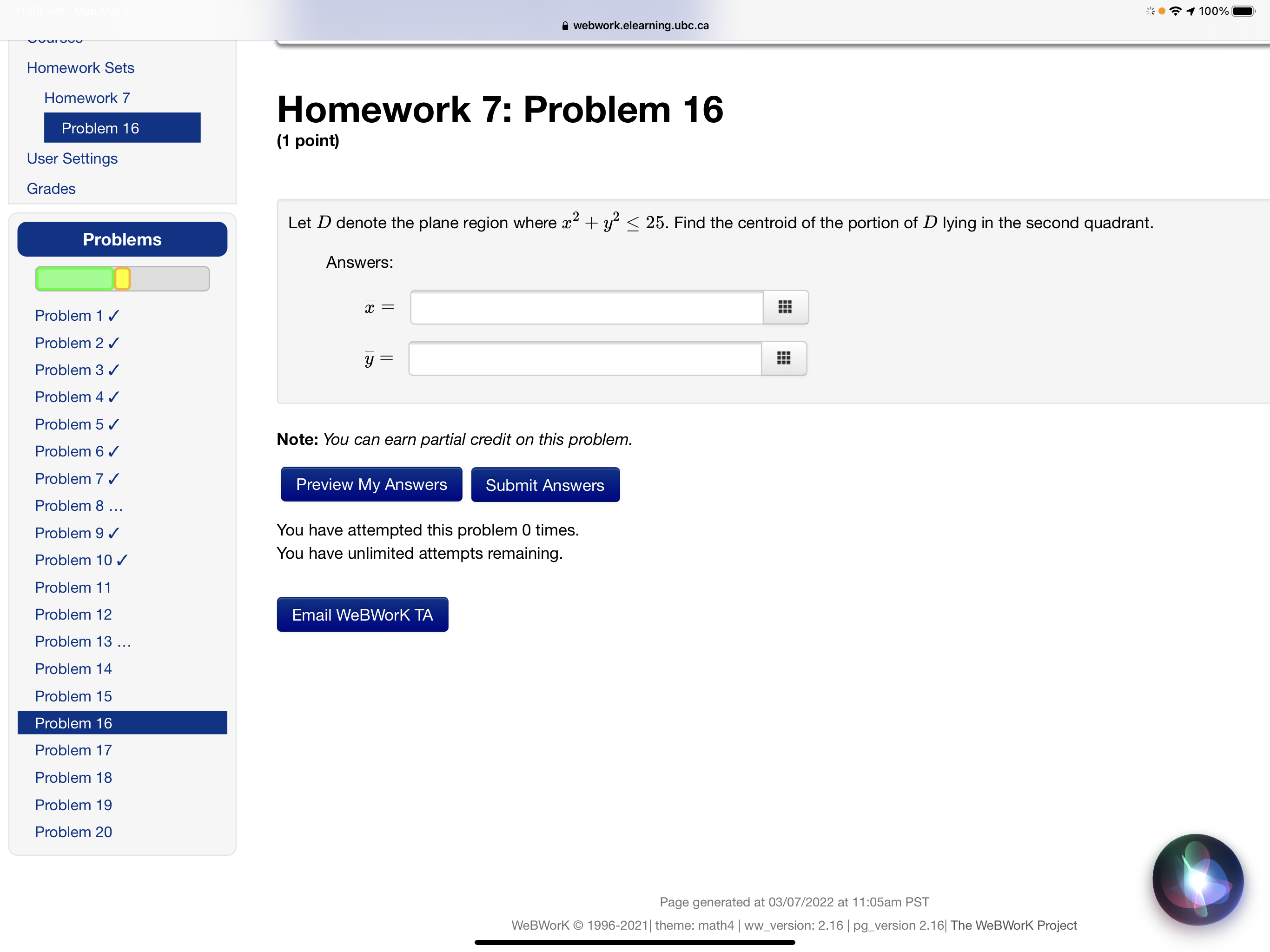 y: 5!! Note: You can earn partial credit on this problem. Preview