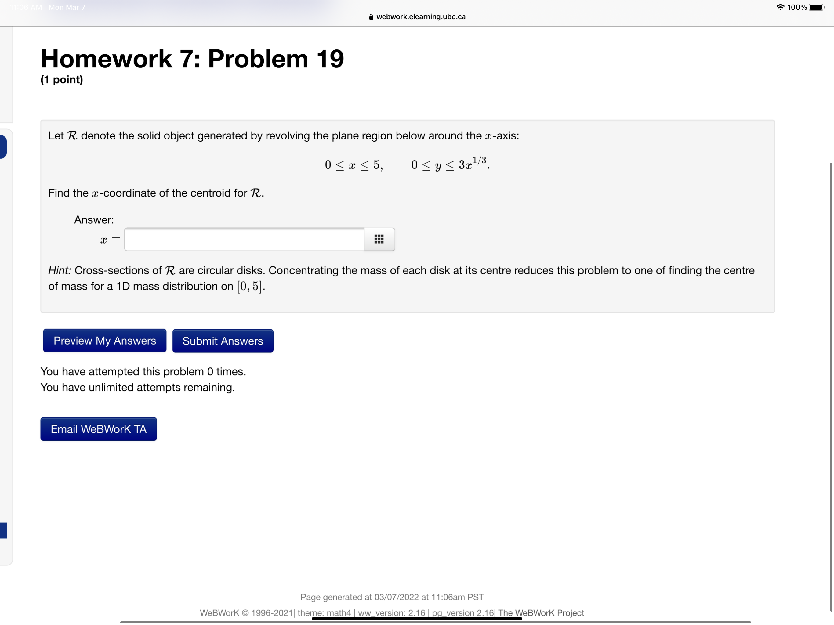 plane region below and find its centroid: 09335, 0y39sin(%). Answers: :10 =