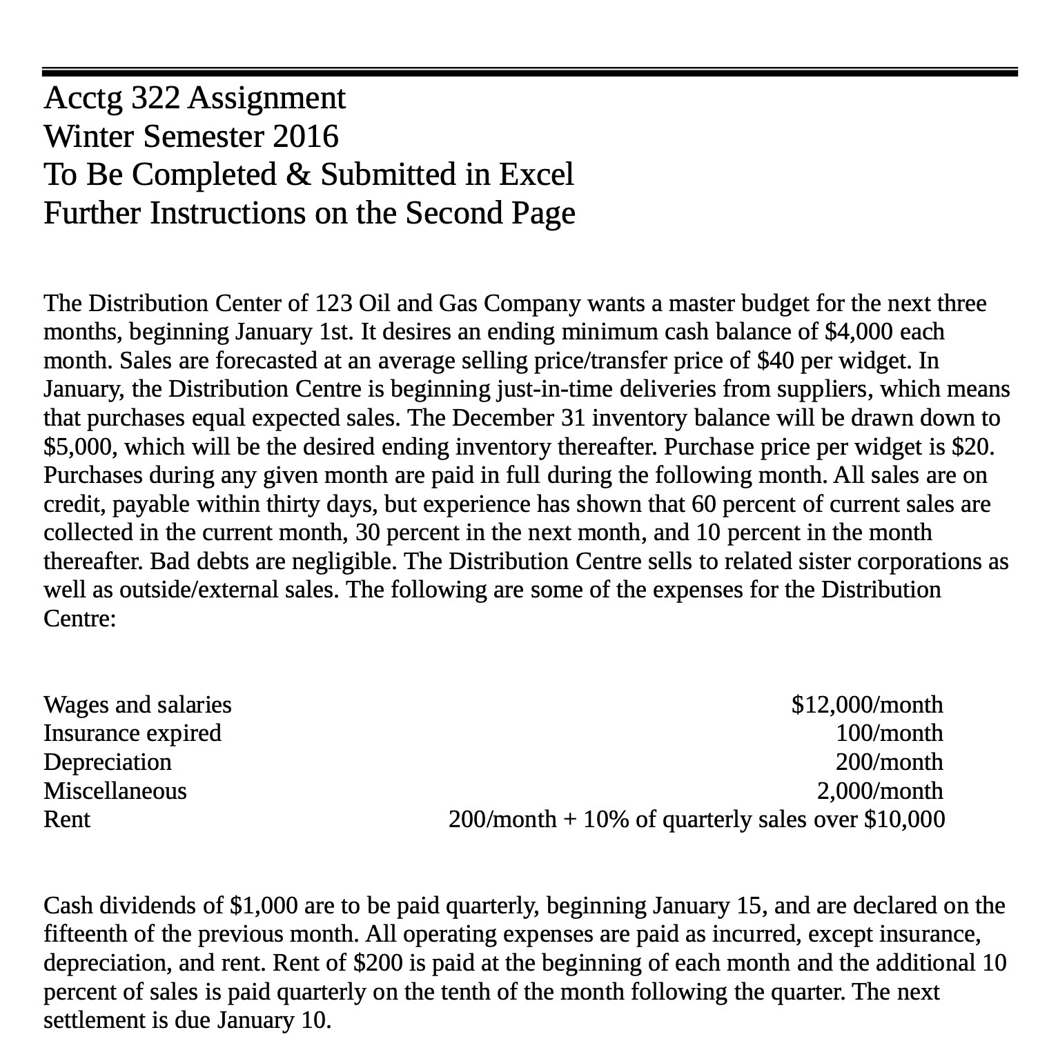 Acctg 322 Assignment Winter Semester 2016 To Be Completed 8: Submitted
