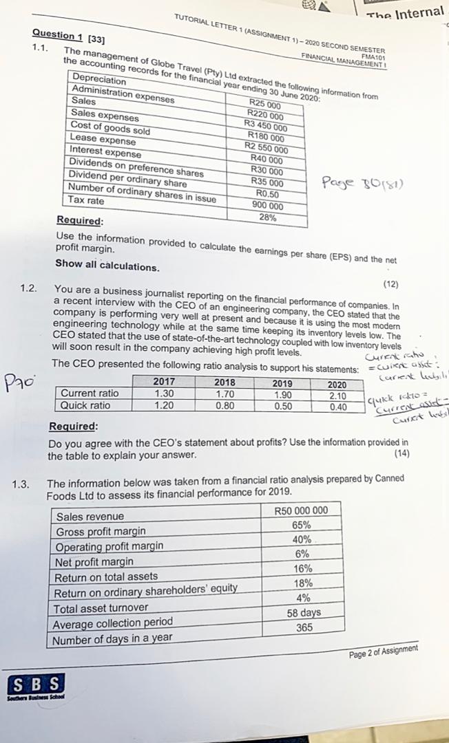  The Internal Question 1 [33] TUTORIAL LETTER 1 (ASSIGNMENT 1) -2020