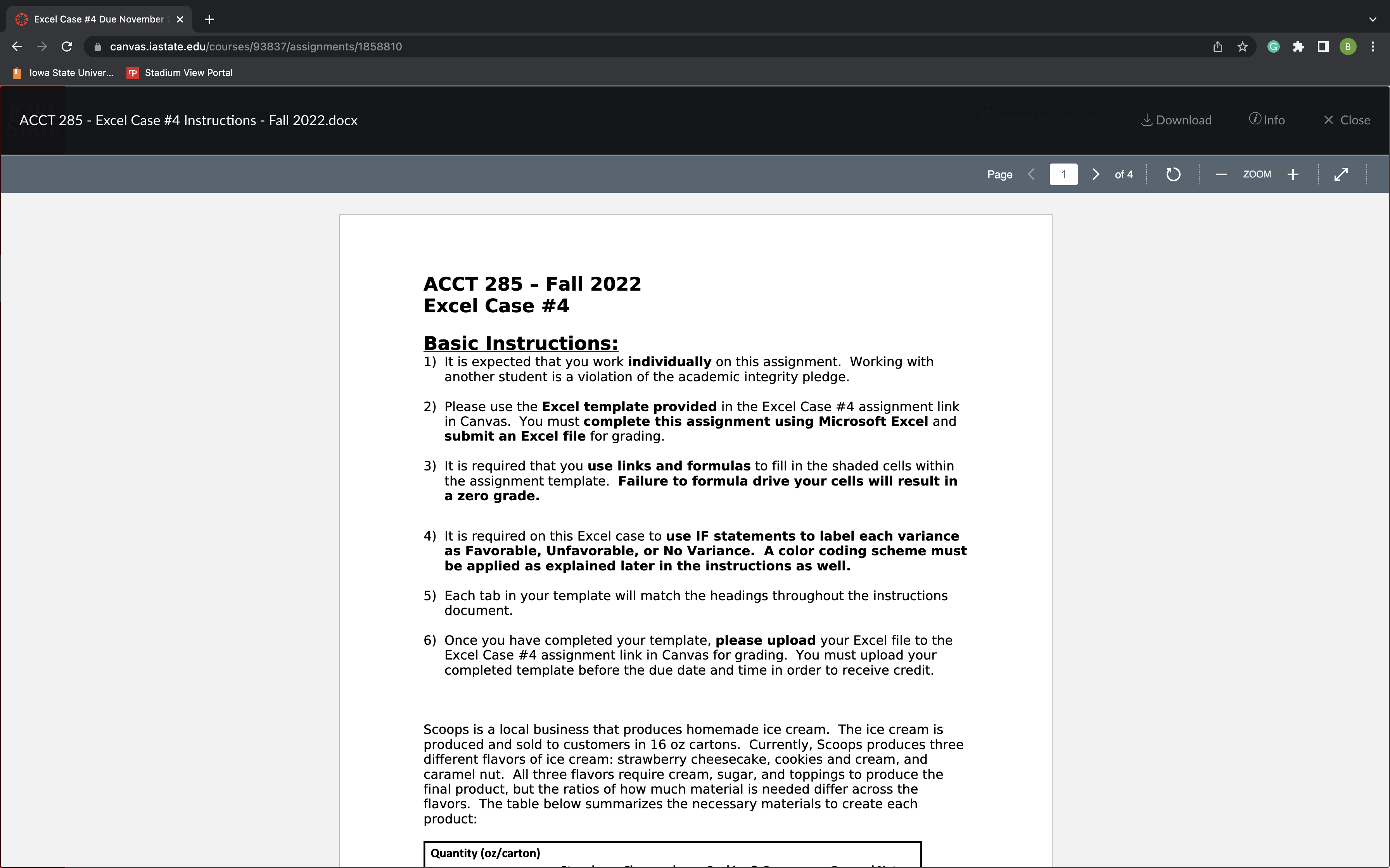 ACCT 285 - Fall 2022 Excel Case #4 Scoops is a local
