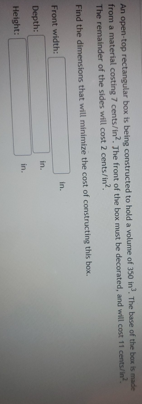 clear steps would be helpful thank you An open-top rectangular box is