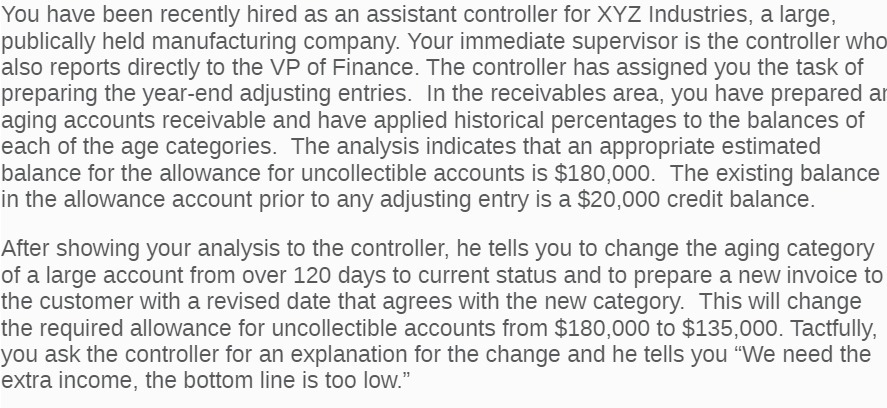  You have been recently hired as an assistant controller for XYZ