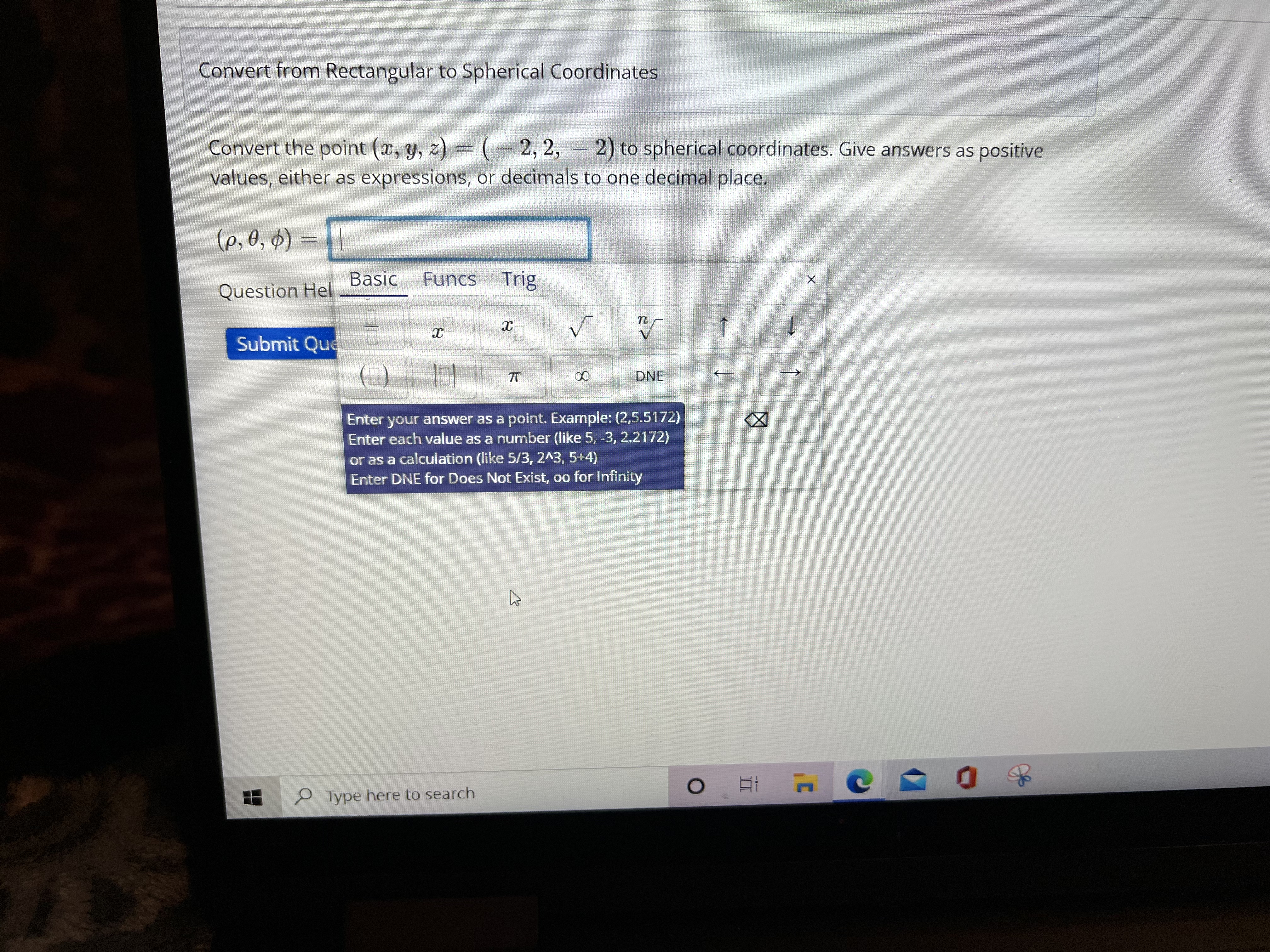 the point (r, 0, z) = 6, 2 ) to Cartesian coordinates.
