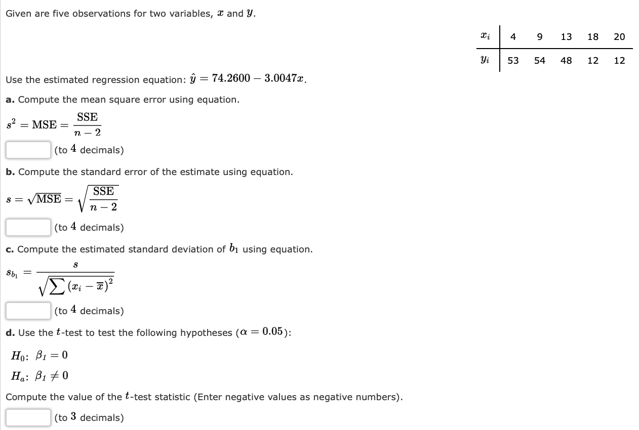  Given are five observations for two variables, 23 and y. Use
