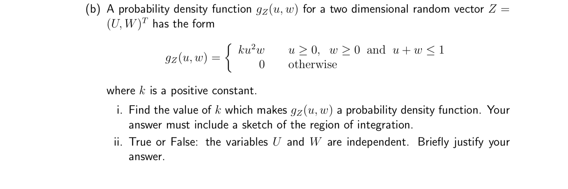  (b) A probability density function gz(u, w) for a two dimensional