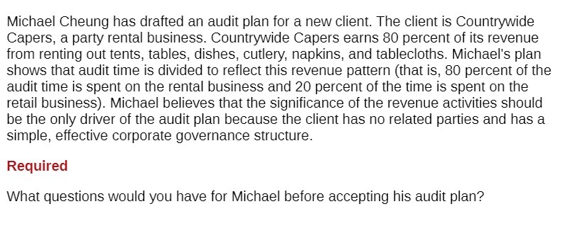 Michael Cheung has drafted an audit plan for a new client.